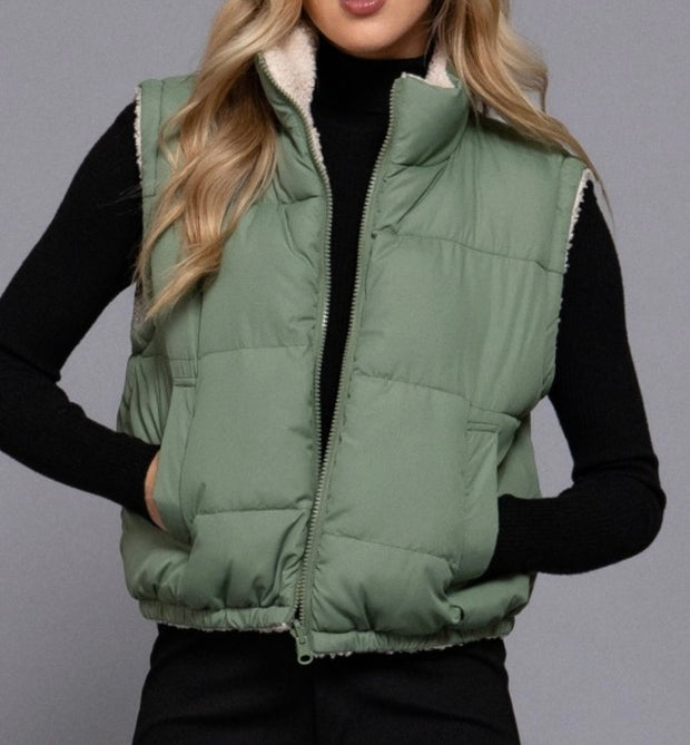 3 Colors-Reversible Fur Padding Vest- Available in Black.White & Sage Green