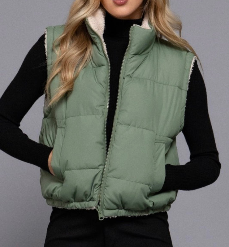 3 Colors-Reversible Fur Padding Vest- Available in Black.White & Sage Green