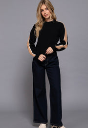 Black/Khaki Long Sleeve Round Neck Sweater With Contrast Sleeve Line Detail- Also Available in Ivory/blue