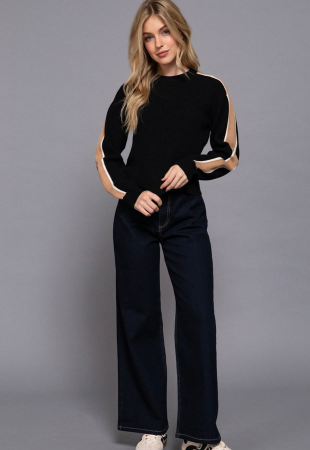 Black/Khaki Long Sleeve Round Neck Sweater With Contrast Sleeve Line Detail- Also Available in Ivory/blue