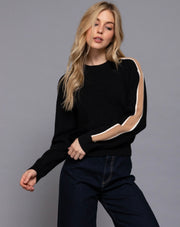 Black/Khaki Long Sleeve Round Neck Sweater With Contrast Sleeve Line Detail- Also Available in Ivory/blue