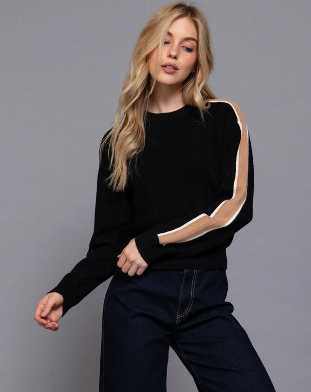 Black/Khaki Long Sleeve Round Neck Sweater With Contrast Sleeve Line Detail- Also Available in Ivory/blue