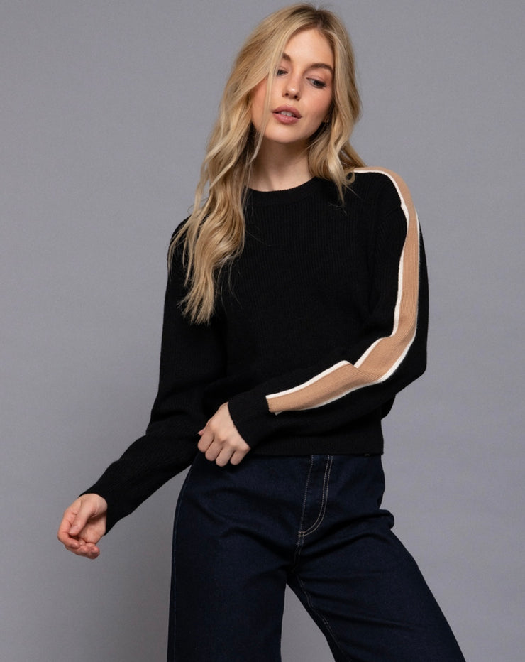 Black/Khaki Long Sleeve Round Neck Sweater With Contrast Sleeve Line Detail- Also Available in Ivory/blue