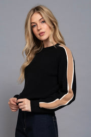 Black/Khaki Long Sleeve Round Neck Sweater With Contrast Sleeve Line Detail- Also Available in Ivory/blue