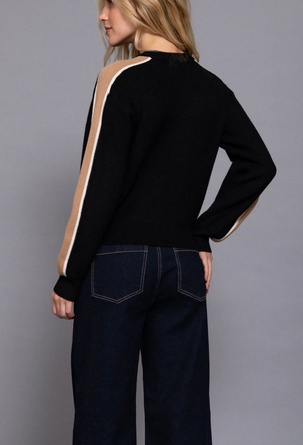 Black/Khaki Long Sleeve Round Neck Sweater With Contrast Sleeve Line Detail- Also Available in Ivory/blue