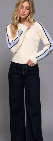 Ivory/Blue Long Sleeve Round Neck Sweater With Contrast Sleeve Line Detail- Also Available in Black/Khaki