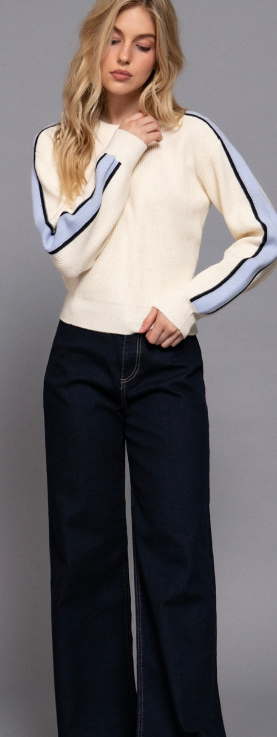 Ivory/Blue Long Sleeve Round Neck Sweater With Contrast Sleeve Line Detail- Also Available in Black/Khaki