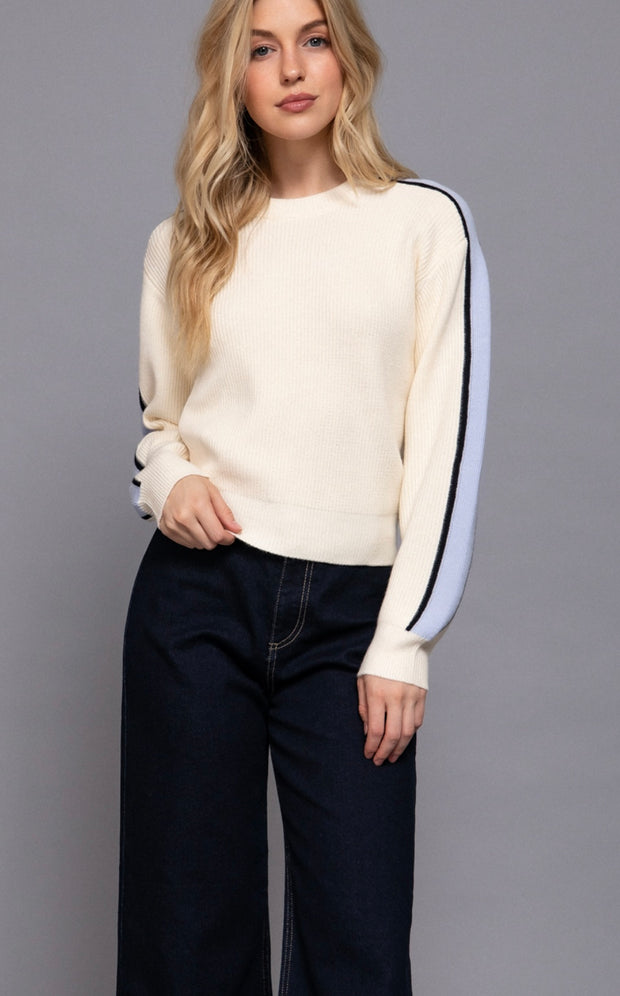 Ivory/Blue Long Sleeve Round Neck Sweater With Contrast Sleeve Line Detail- Also Available in Black/Khaki