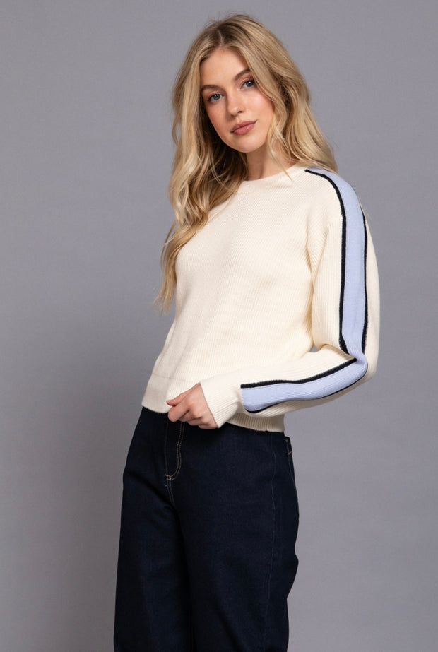 Ivory/Blue Long Sleeve Round Neck Sweater With Contrast Sleeve Line Detail- Also Available in Black/Khaki
