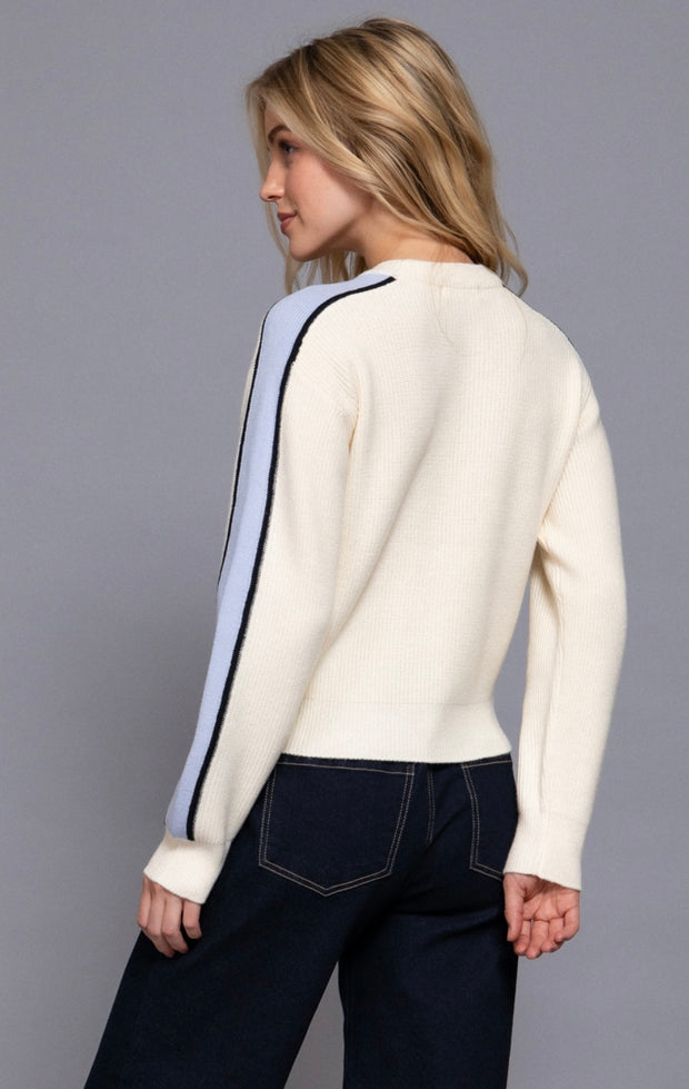 Ivory/Blue Long Sleeve Round Neck Sweater With Contrast Sleeve Line Detail- Also Available in Black/Khaki