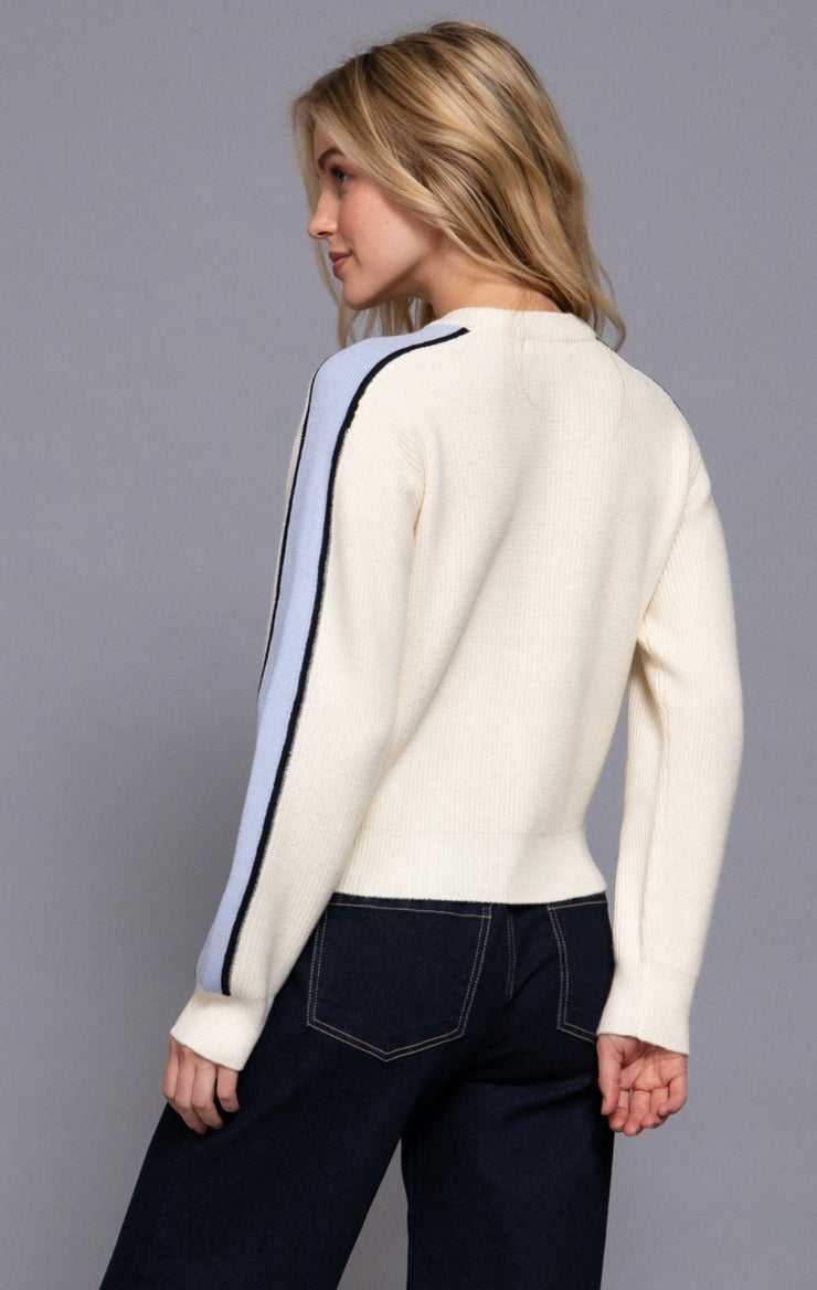 Ivory/Blue Long Sleeve Round Neck Sweater With Contrast Sleeve Line Detail- Also Available in Black/Khaki
