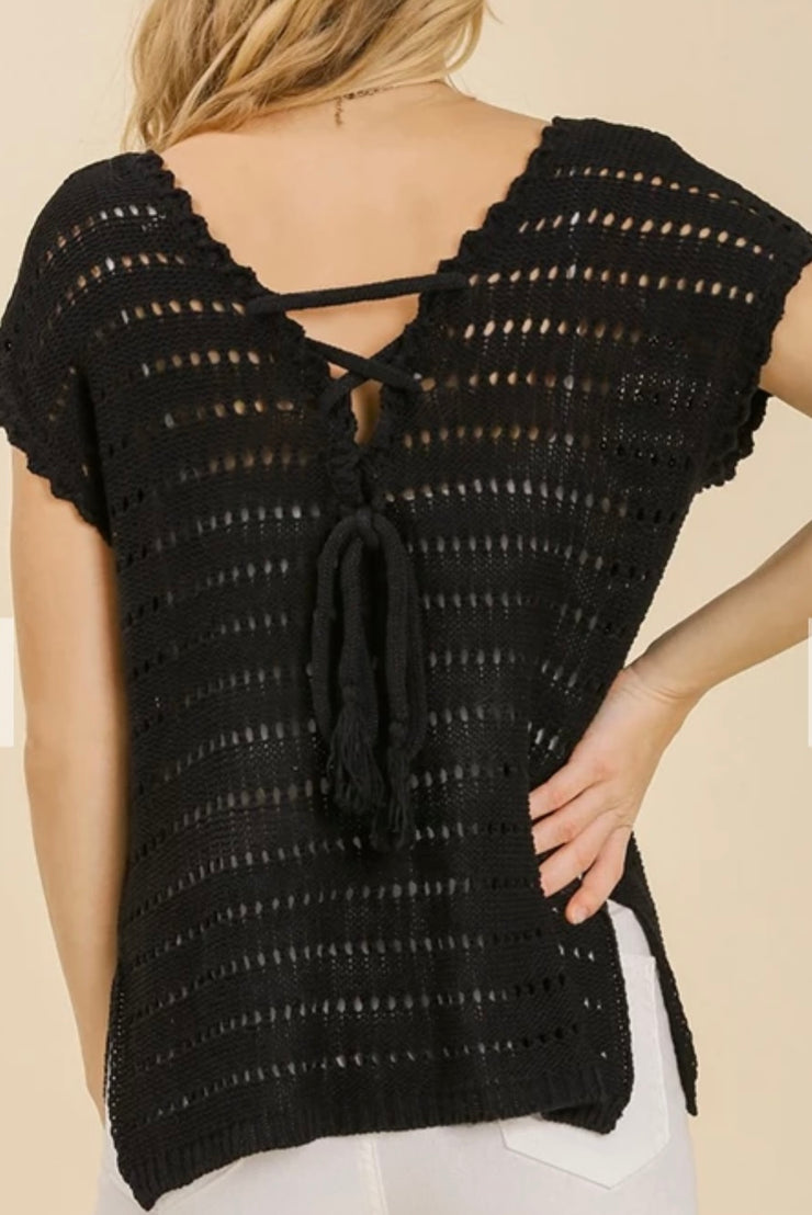 Black Loose Knit Sweater With Back Tie