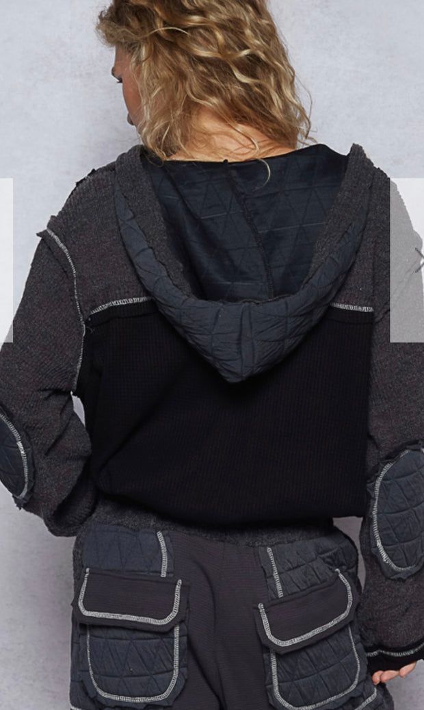 Charcoal/Black Quilted Jacket With Hoodie- Also Available in Cream/Beige
