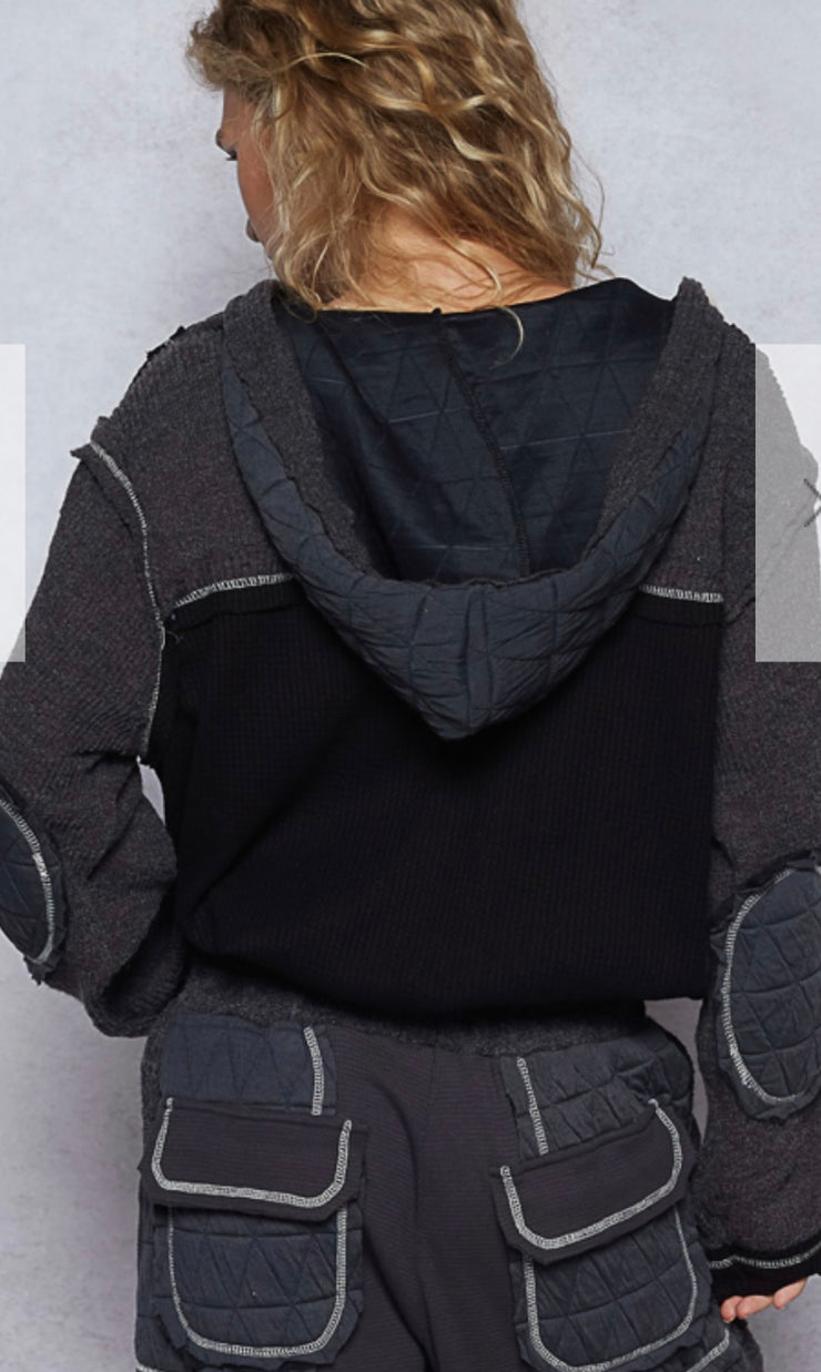 Charcoal/Black Quilted Jacket With Hoodie- Also Available in Cream/Beige