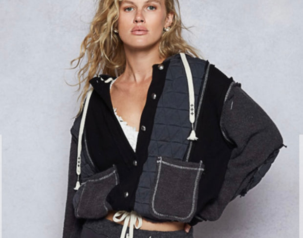 Charcoal/Black Quilted Jacket With Hoodie- Also Available in Cream/Beige