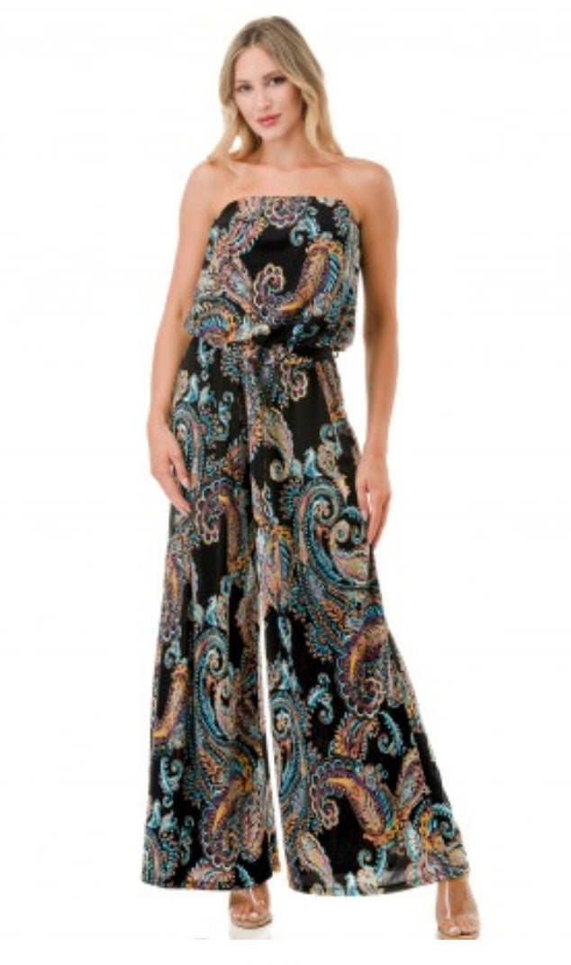 Black Paisley Wide Leg Strapless Jumpsuit With Ring Belt