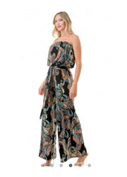 Black Paisley Wide Leg Strapless Jumpsuit With Ring Belt