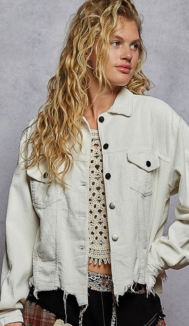 Off White Distressed Hem Corduroy Jacket