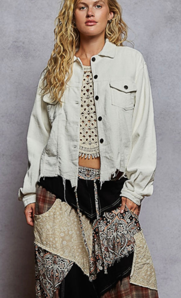 Off White Distressed Hem Corduroy Jacket