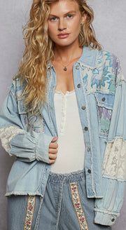 Denim Multi Printed Woven Mix Raw Edge Detail Top