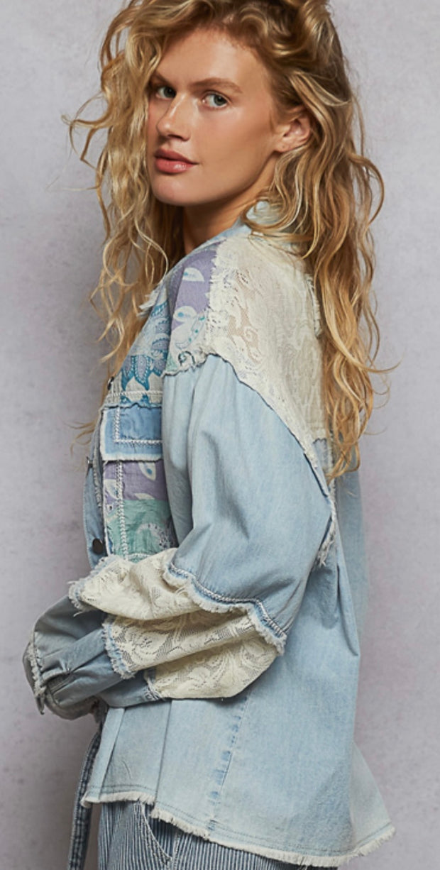 Denim Multi Printed Woven Mix Raw Edge Detail Top