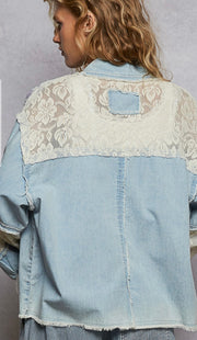 Denim Multi Printed Woven Mix Raw Edge Detail Top