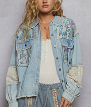 Denim Multi Printed Woven Mix Raw Edge Detail Top