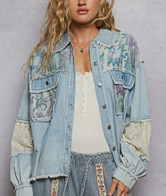 Denim Multi Printed Woven Mix Raw Edge Detail Top