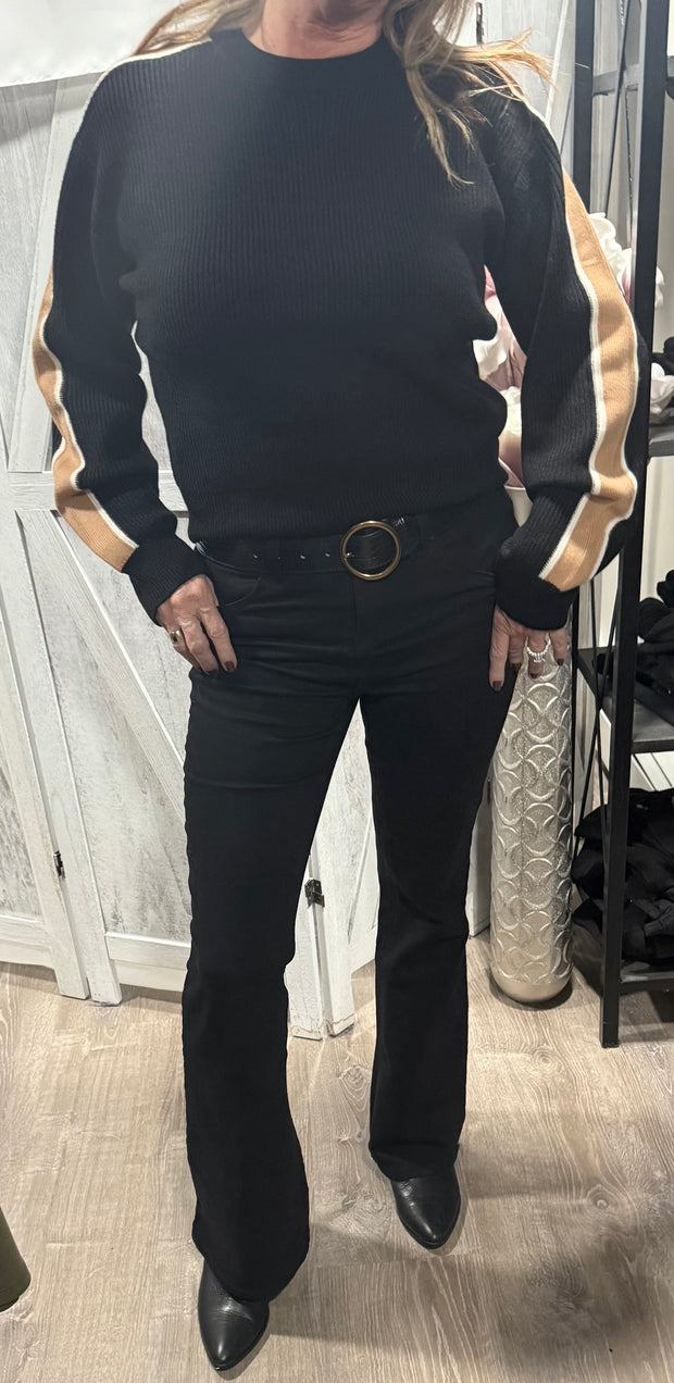 Black/Khaki Long Sleeve Round Neck Sweater With Contrast Sleeve Line Detail- Also Available in Ivory/blue