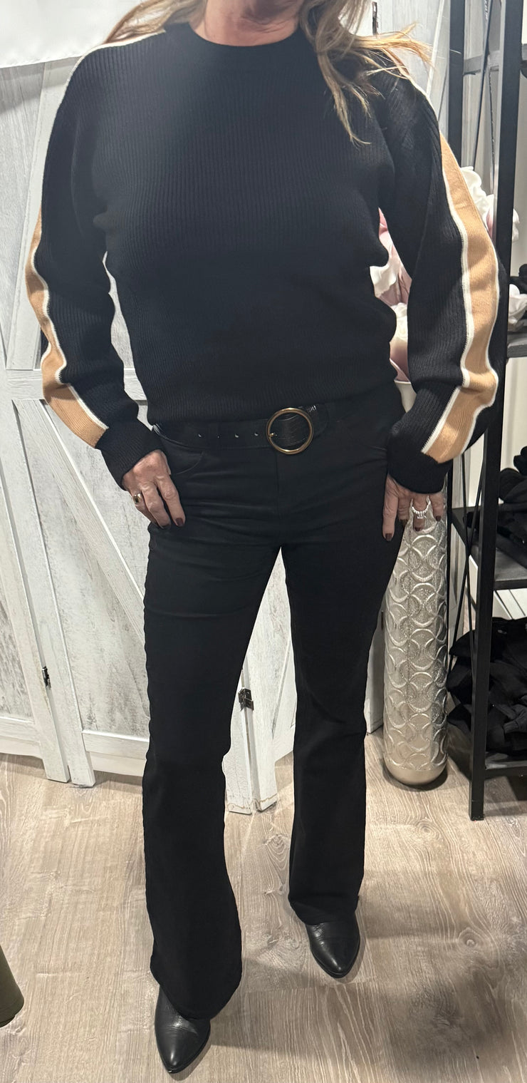 Black/Khaki Long Sleeve Round Neck Sweater With Contrast Sleeve Line Detail- Also Available in Ivory/blue