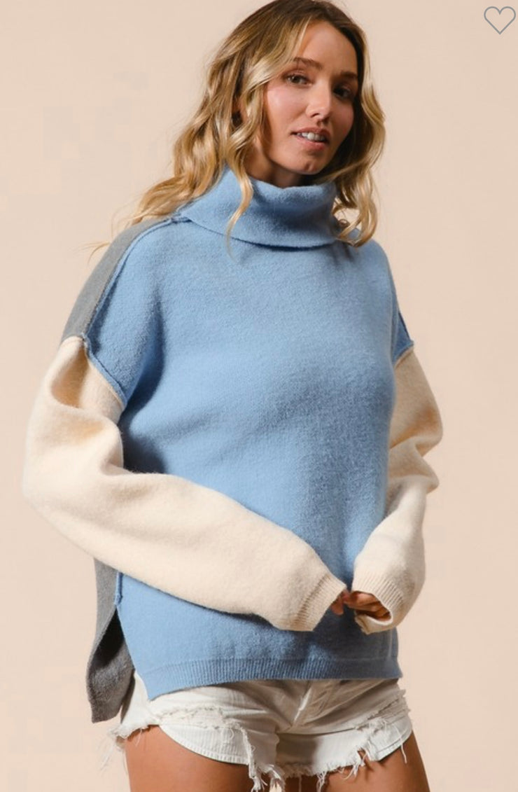 Denim/Cream/Grey Turtle Neck Color Block Sweater