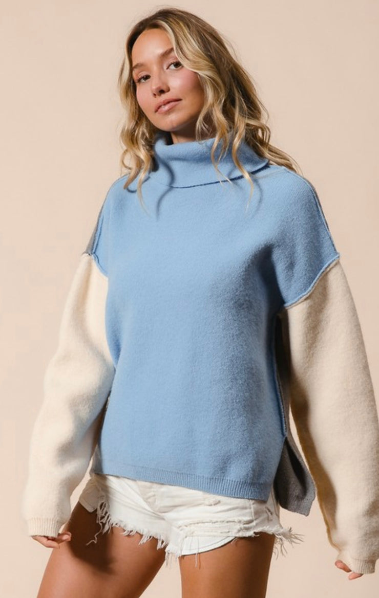 Denim/Cream/Grey Turtle Neck Color Block Sweater