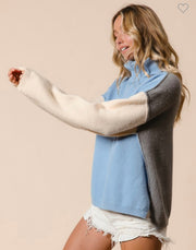 Denim/Cream/Grey Turtle Neck Color Block Sweater