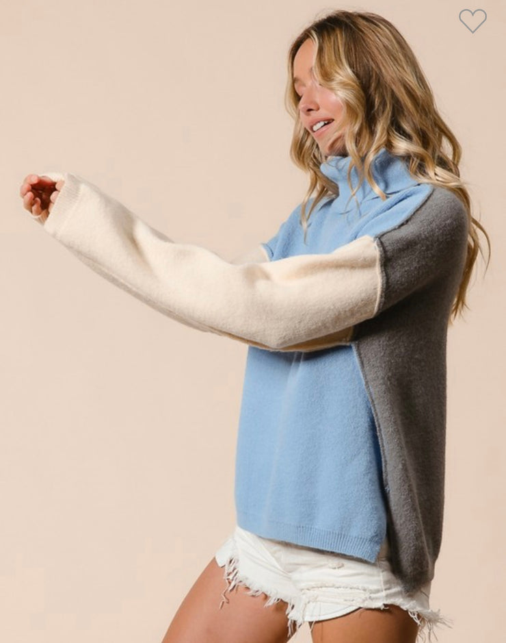 Denim/Cream/Grey Turtle Neck Color Block Sweater