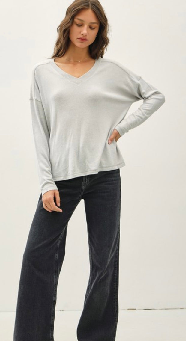 Charcoal Ultra Soft V Neck Sweater With Rib Detail