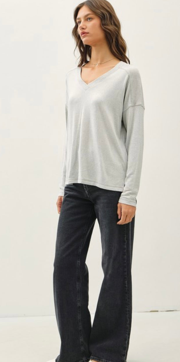 Charcoal Ultra Soft V Neck Sweater With Rib Detail