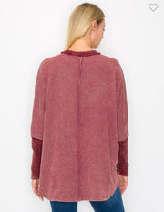 Burgundy Mineral Wash V Neck Waffle Top- Matching Pants Available