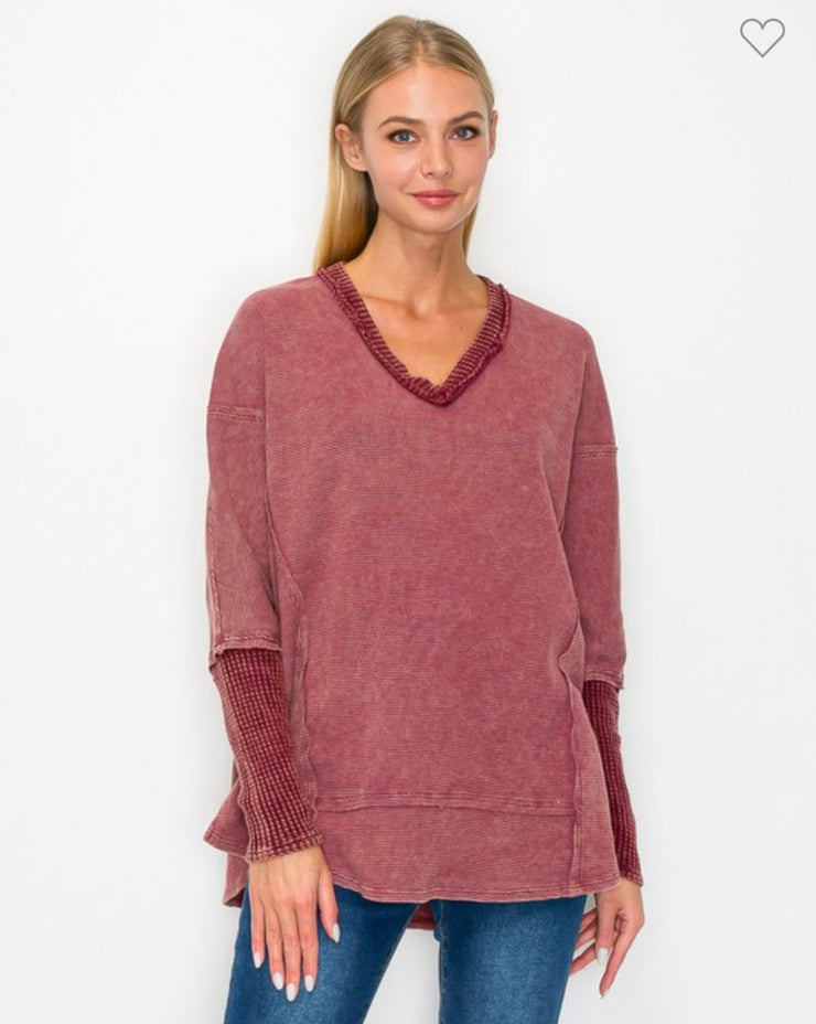 Burgundy Mineral Wash V Neck Waffle Top- Matching Pants Available