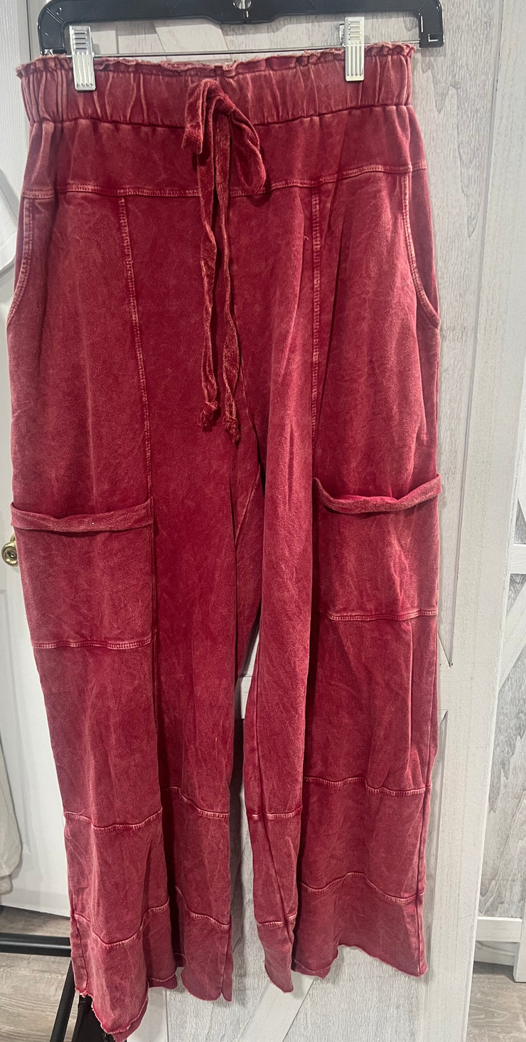 Burgundy Mineral Wash Wide Leg Pants- Matching Top Available