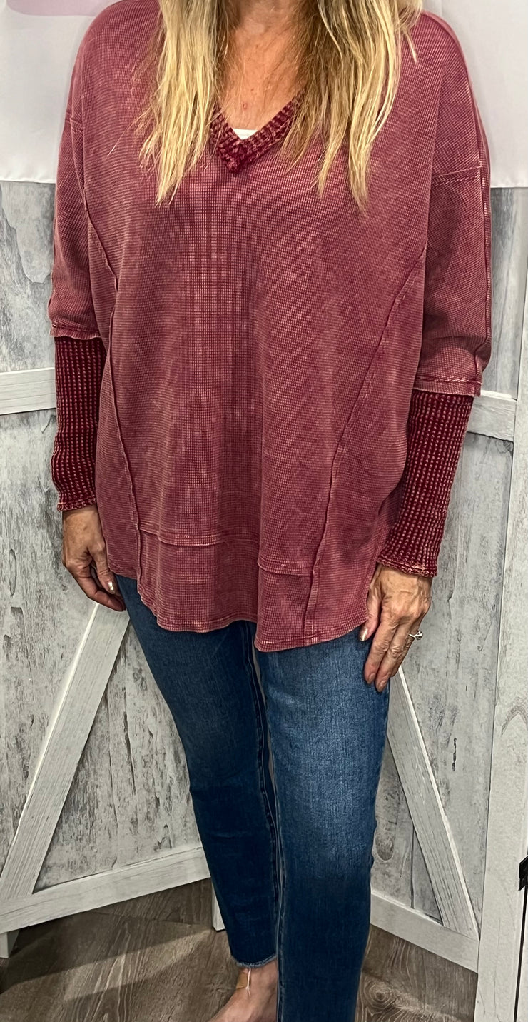 Burgundy Mineral Wash V Neck Waffle Top- Matching Pants Available