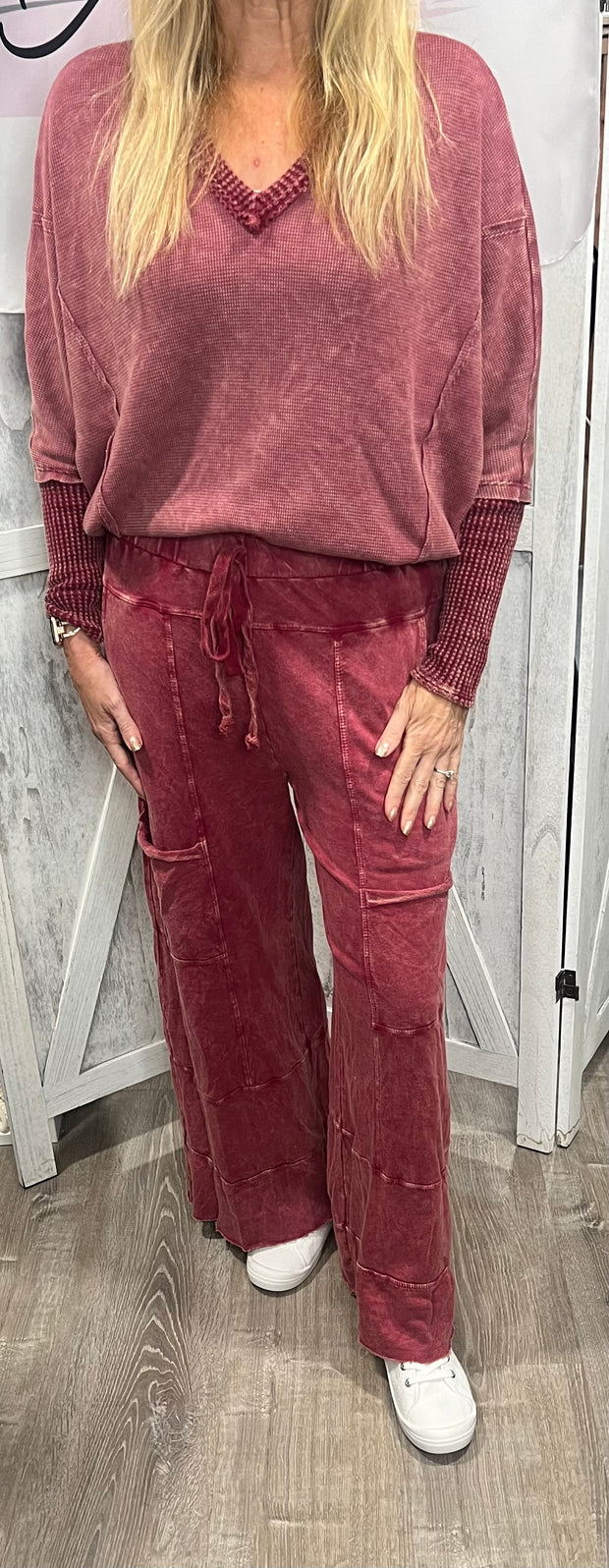 Burgundy Mineral Wash Wide Leg Pants- Matching Top Available