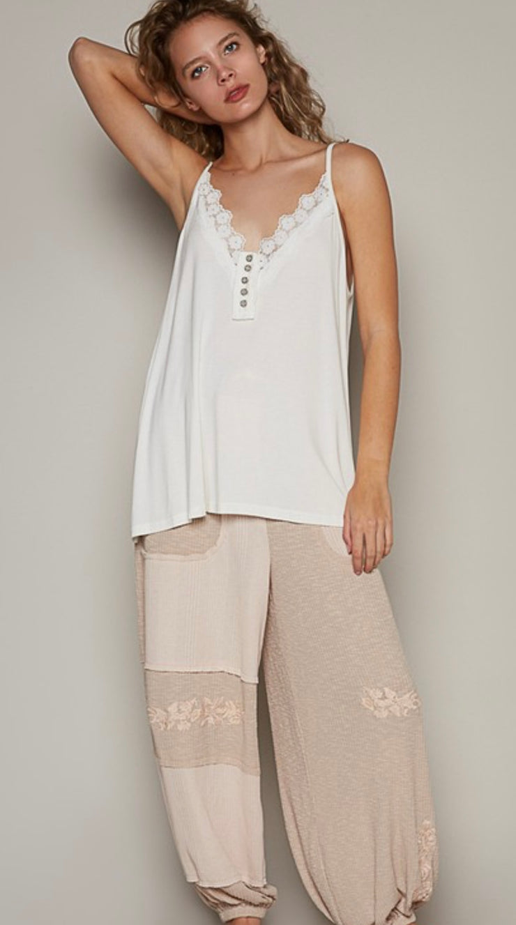 Vintage Washed Trim  V Neck Lace Tank Top- Available in White & Oatmeal