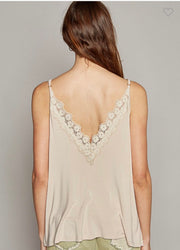 Vintage Washed Trim  V Neck Lace Tank Top- Available in White & Oatmeal