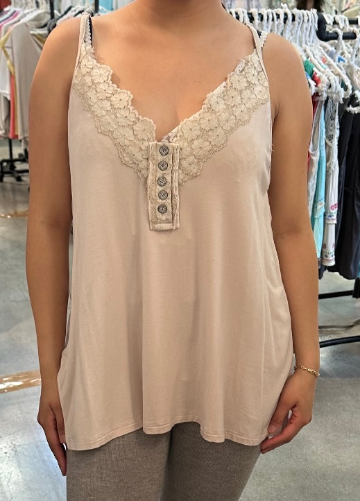 Vintage Washed Trim  V Neck Lace Tank Top- Available in White & Oatmeal