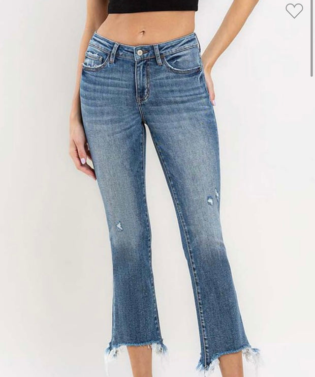 Mid Rise Distressed Hem Ankle Bootcut Jeans