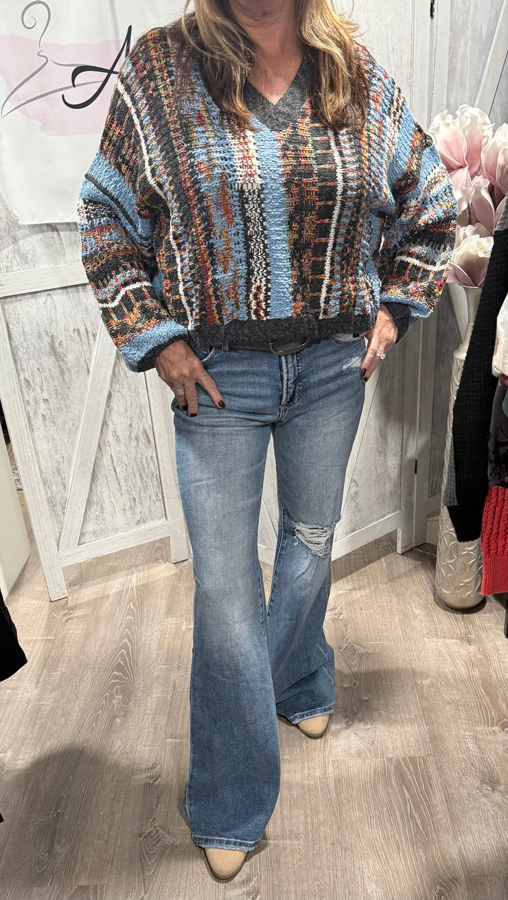 Multicolor V Neck Crop Sweater