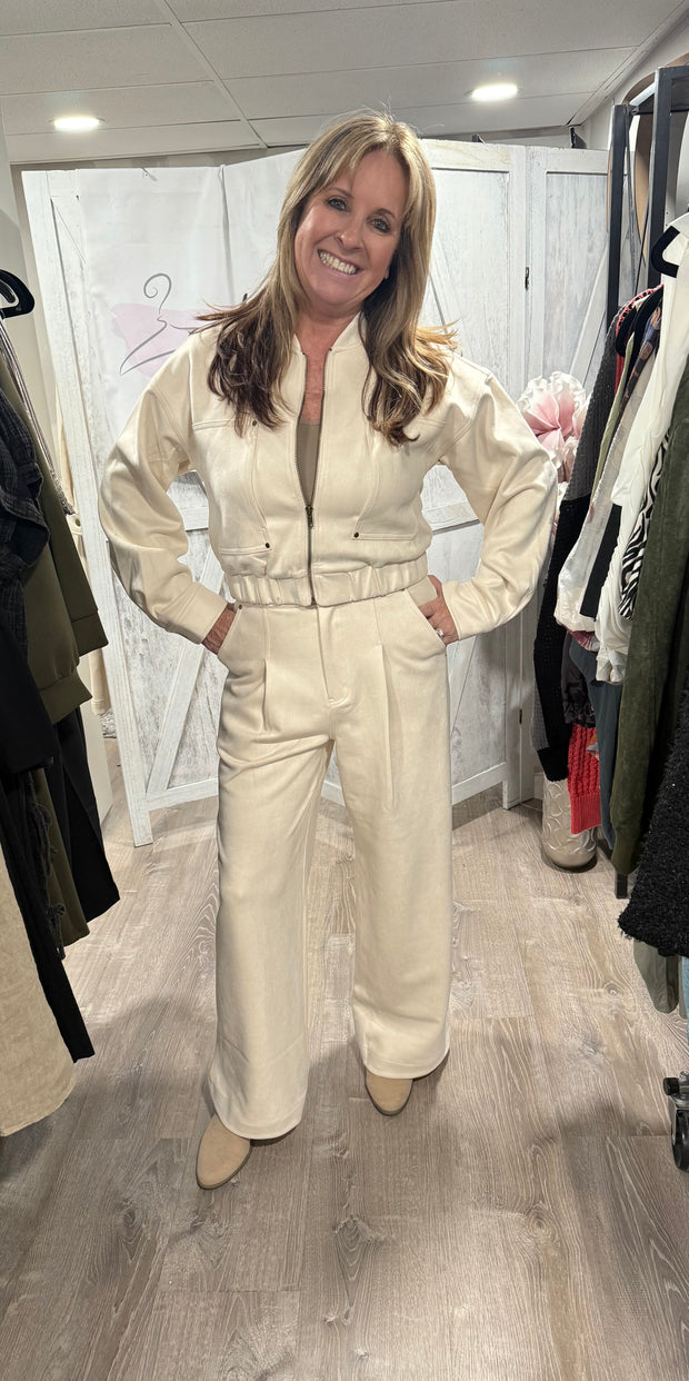 Ivory Suede Bomber Jacket- Matching Trouser Available