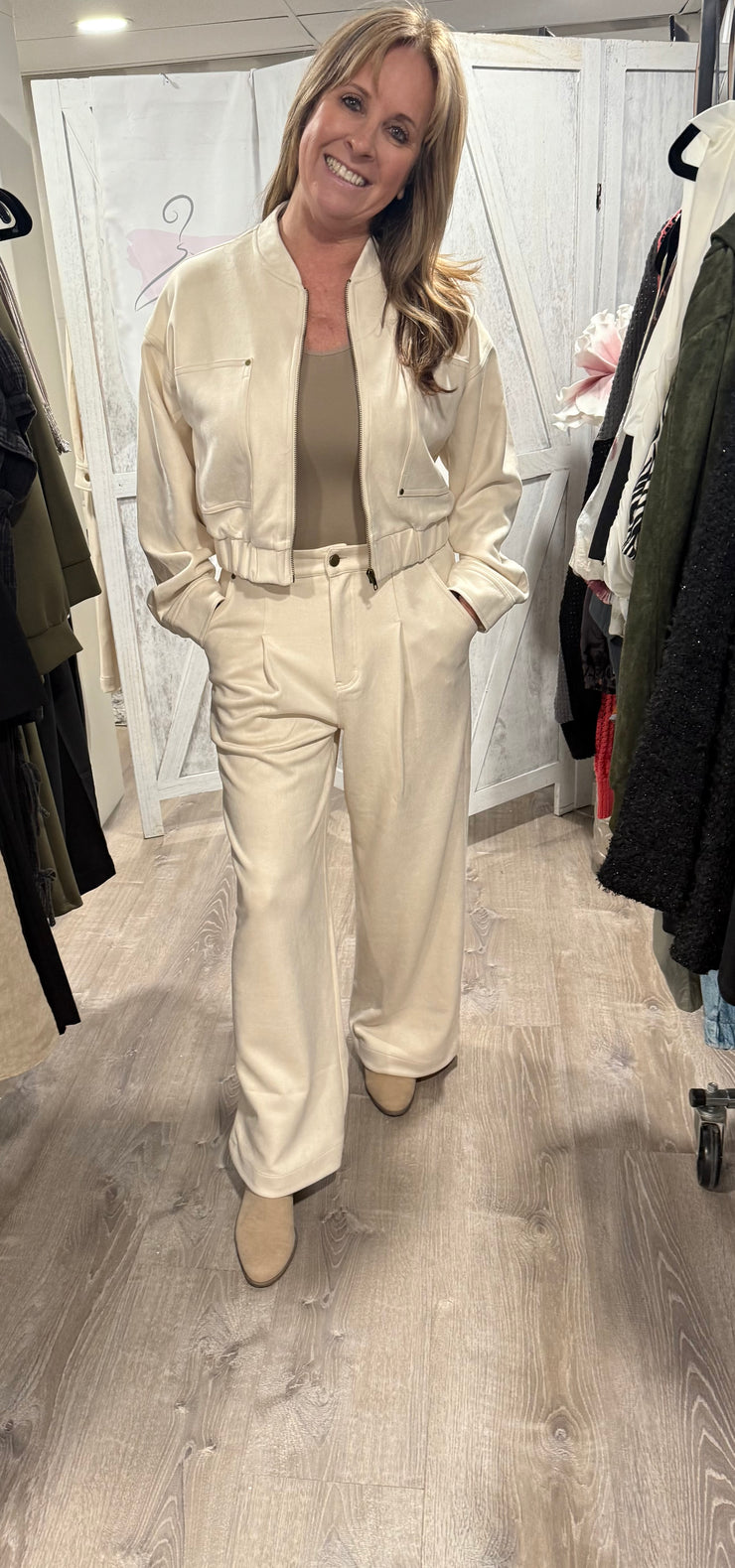 Ivory Suede Bomber Jacket- Matching Trouser Available
