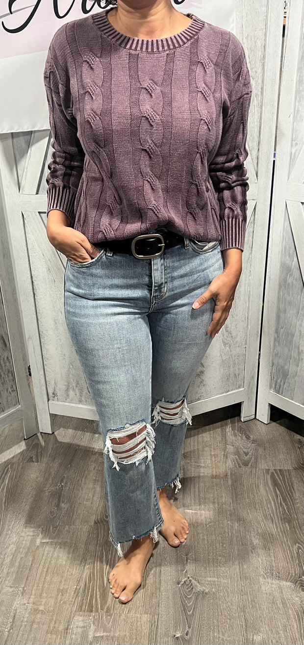 Plum Mineral Washed Cable Knit Sweater