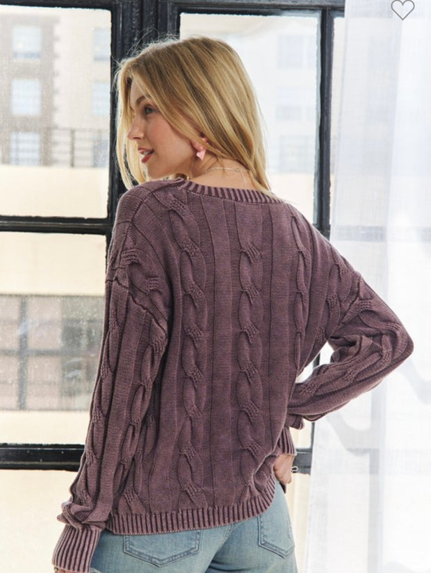 Plum Mineral Washed Cable Knit Sweater